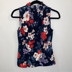 Ann Taylor Ruffle Mock Neck Navy Blue Floral Sleeveless Blouse XS whimsigothic